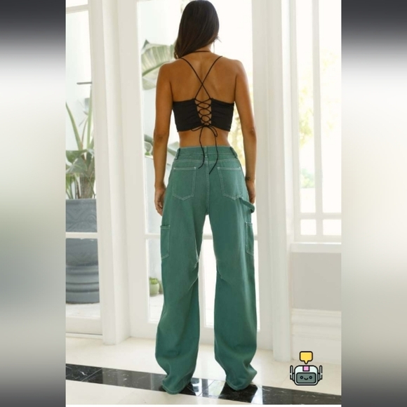 Lioness Miami Vice Oversized Loose Fit Baggy Carpenter Skater Green Cargo Jeans - Picture 2 of 6